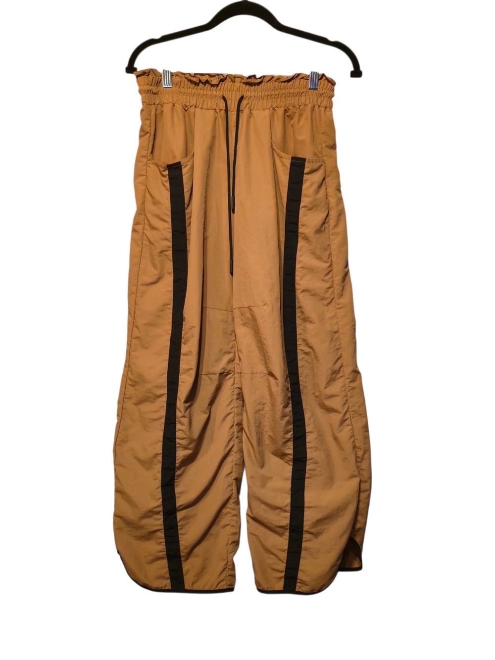 Source Unknown Women's Wide-Leg Track Pants in Camel with Black Stripe
